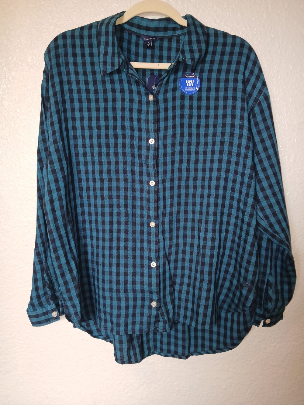 Nautica Teal and Black Plaid Button-Down Shirt